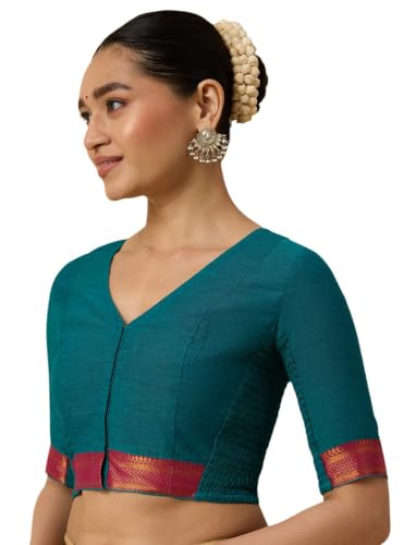 Image of Studio Shringaar Women's Handloom Cotton Stretchable (Smocked) Saree Blouse with Temple Zari Border