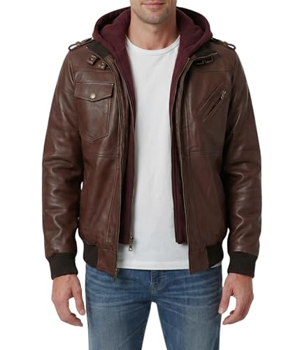 Image of Decrum Mens Leather Jacket - Detachable Hood Stylish Real Lambskin Leather Bomber Jacket Men
