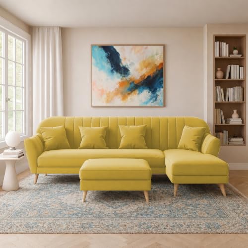 Image of Atticus RHS 6 Seater L Shape Sofa Set with Ottoman Living Room (Yellow Colour Fabric) Premium Fabric Sofa Set for Living Room