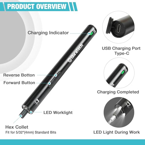 DURATECH Elektrische Schroevendraaierset, 50 Bits, Precisie Accuschroevendraaier, 3,6 V, met Ledlicht, voor Fijnmonteurs, Horloges, Laptops, Brillen, Speelgoed, Cadeaus voor Knutselaars - Afbeelding 3