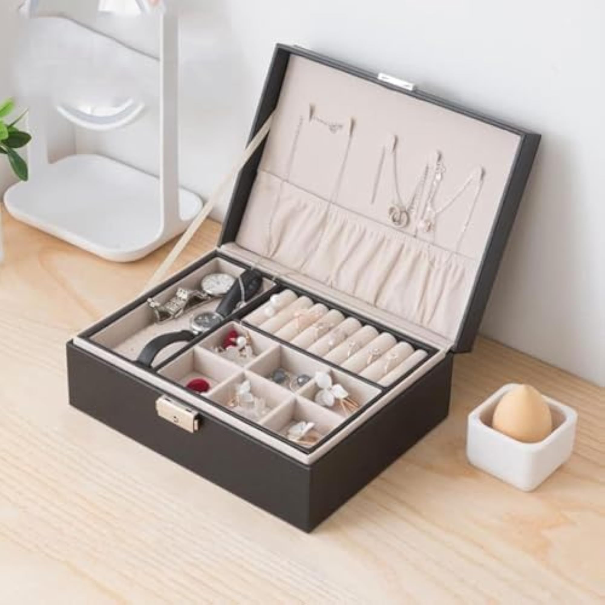 2 Layer PU Leather Jewellery Box Organizer, Black