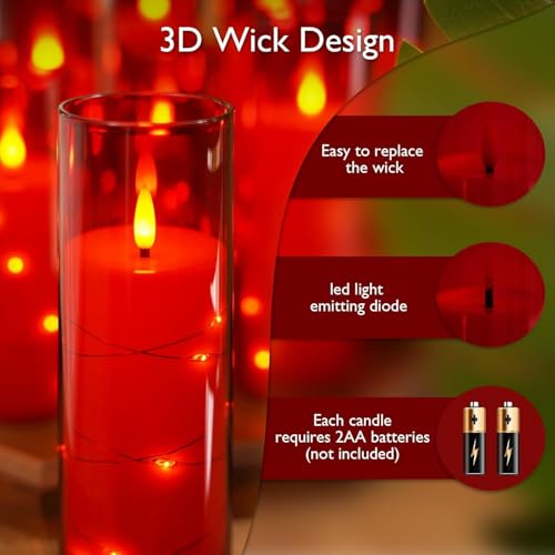 Image of LTETTES Acrylic Fiber Glass Led Candles Set of 12 | Embedded Star String Lights | Flickring Wick | 2 AA Battrey Operated with Remote | Home Decor & Festival | H 5.5'', 6.5'', 7.5'' x D 2.3'' | Red