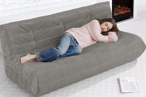 Image of Bean Bag Chair,Giant Beanbag Chairs for Adults,Comfy Large Fireside Chair Lazy Sofa,Corduroy Bean Bag Lounger with Memory Foam Filled,Floor Sofa Couch for Living Room (Light Grey, 3-Seater)