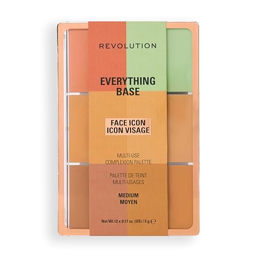 Revolution Everything Base Face Icon Complexion Palette, Paleta Todo En Uno para Ojos, Rostro y Labios, Úsala Como Base o Fundación, Medium, 5 g