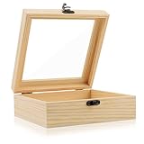 Pine Wood Box - Extral Large Natural Wooden Storage Box with Hinged Lid and Front Clasp for DIY Craft, Art, Hobbies (7.9 x 7.9 x 3.1 In)