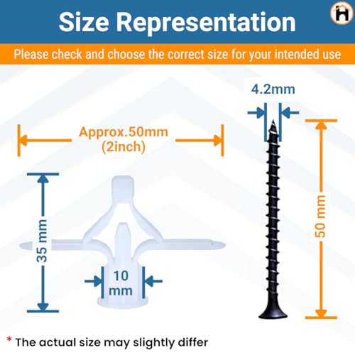 Image of Homdum Toggle Drywall anchor - Butterfly Nylon Plug Size 10 x 35 mm 100 nos with Drywall screw 100 nos total items 200 nos.