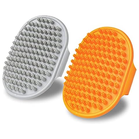 XIGOU Dog Bath Brush, 2 Pcs Short Hair Grooming Brush for Dogs & Cats - Soothing Massage Rubber Bristles Curry Comb with Adjustable Handle Cover