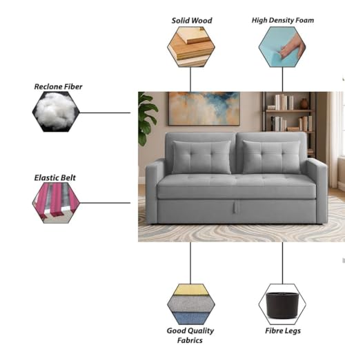 Image of Emilio 2-Seater Sofa Cum Bed for Living Room, Office & Home | Premium Fabric Pull-Out Sofa Set with 1 Year Warranty | Space Saving Convertible Sleeper | Grey Colour