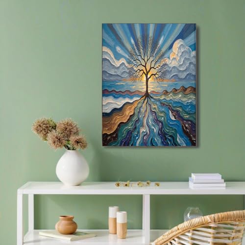 Peinture abstraite arbre bleu 50x70cm : poster decoration murale salon moderne