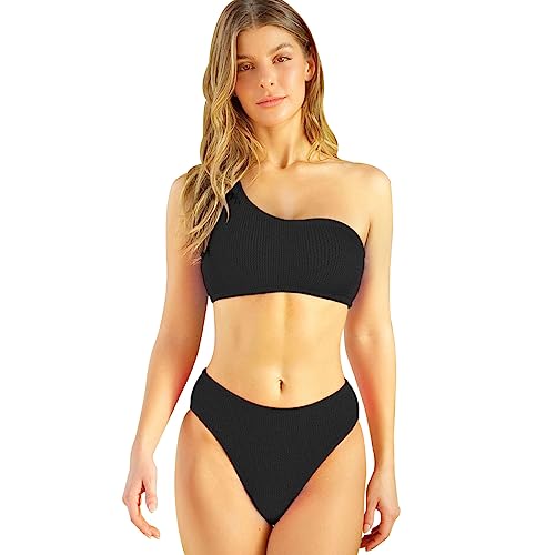 TOEECY Conjuntos de Bikinis para Mujer Push Up Un Hombro Cintura Alta Traje De Baño Acolchados Retro Bañador 2 Piezas Bikinis Viajes Playa La Natacion (Negro,L)