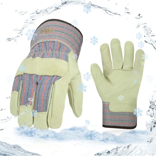 Vgo... Gants de travail en cuir de porc hommes, gants de construction, gants de jardin (PA3501FL,Rouge+Bleu,L,1Paire)