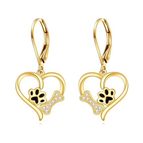 14k Real Gold Paw Print Earrings Hypoallergenic Heart Dangle Leverback Earring Dog Cat Lovers Jewelry Birthday Gifts for Women Teen Girls