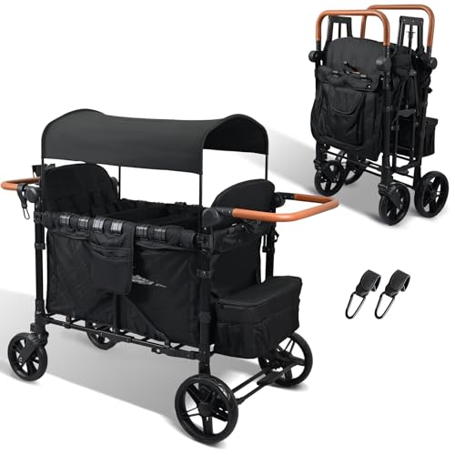 Image of Exquimac Foldable Stroller Wagon for 4 Kids & Cargo, All-Terrain Wheels, Adjustable Handle, Removable Canopy, 5-Point Harness, Compact Foldable Design