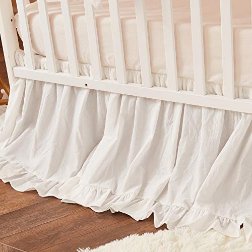 Image of Brandream Boho Bohemian Girl Baby Nursery Crib Bed Skirt Dust Ruffle - Neutral Solid Color Beige Cream Off White Farmhouse Chic 100% Washed Cotton Ruffle
