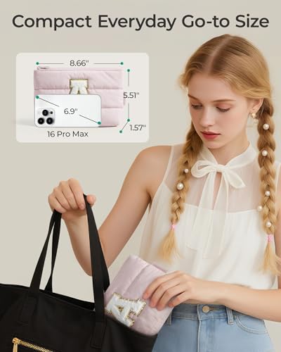 Image of BAGSMART Personalized Makeup Bag, Machine Washable Puffy Cosmetic Pouch | 1.6 inch slim, water-resistant & padded. Machine washable. Charm zipper pull for makeup, earbuds, chargers, meds