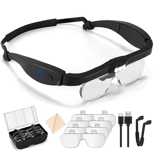 Magnifying Glasses with Light, Rechargeable Head Magnifier Glass, 1.5X to 5.0X Lighted Magnifying Glass with 4 Detachable Lenses, Hands Free Magnifying Headset for Close Work Hobbies Jewelry