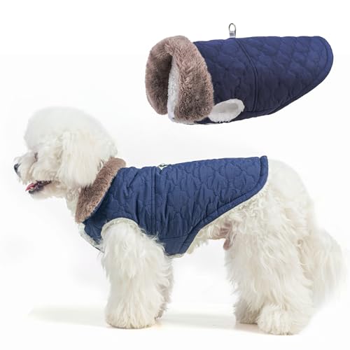 Image of BEAUTYZOO Warm Dog Puffer Jacket Vest, Dog Winter Coat with Harness,Blue XS | Puffer Jacket Vest with Built-in Harness & Fur Collar, Padded Fleece, Windproof Waterproof, Small Medium Puppy in Snow & Cold