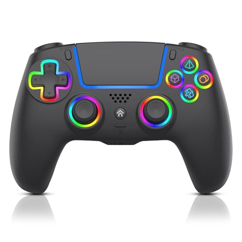 ADHJIE PS5�R���g���[���[�Ή� RGB LED���C�����X�R���g���[���[ PS5/PS5 Slim/PS5 Pro/PC�p 3.5mm�I�[�f�B�I�w�b�h�Z�b�g�W���b�N&1000mAh�����o�b�e���[�A�^�[�{&�f���A���o�C�u���[�V�����A�u���b�N