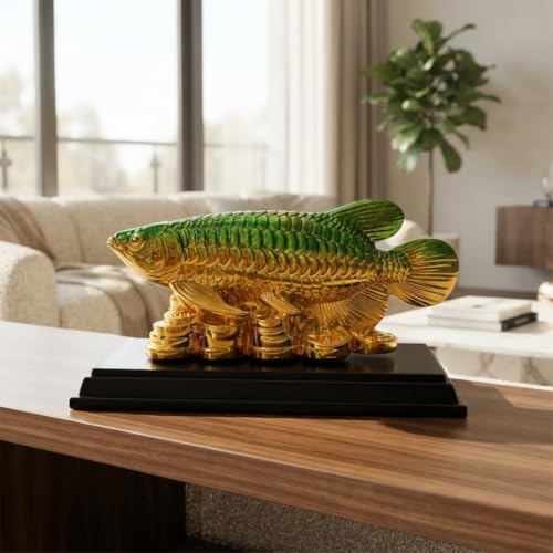 Image of Feng Shui Golden Arowana Fish Showpiece with Chinese Coins on Black Wooden Base | Green & Red Gradient Finish | Wealth & Prosperity Decor for Home, Office & Shop
