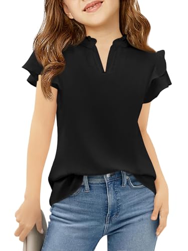 Haloumoning Girls Ruffle Short Sleeve T Shirts Kids Summer Cute V Neck Tops Blouses 5-14 Years