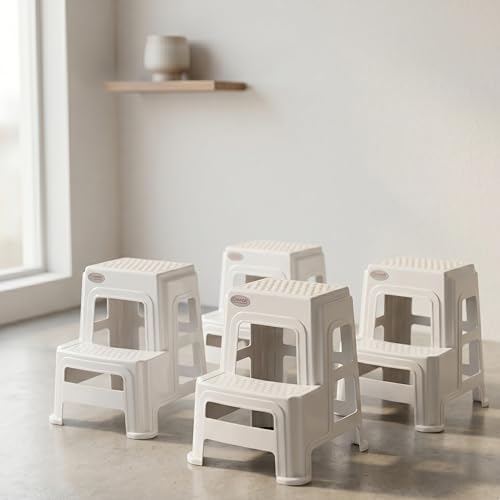 Image of Oaknest Supreme Multipurpose Plastic 2-Step Stool for Kids & Adults - Anti-Slip Lightweight Stepping Stool for Kitchen, Bathroom & Home - White, 4 Piece