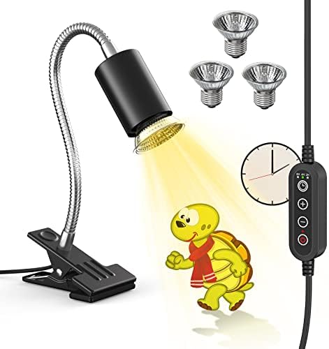 SILICAR Reptile Heat Lamp, Timing & Dimming UVB/UVA Basking Spot Lamp with Clip, Turtle Habitat Aquarium Basking Lamp for Reptile Turtle Lizard Snake-E27 50W 3 Bulbs Includes