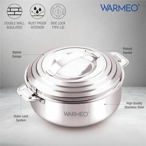 Image of WARMEO Linea Premium Insulated Stainless Steel Casseroles | Easy to Carry Hot Boxes for Kitchen | Hot Food, Easy to Store | Silver | 2000ml