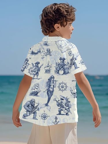 Image of THE PIRATE KING Funny Pirate Hawaiian Shirt Boys Girls Beach Tropical Casual Short Sleeve Button Down Shirt for 5-14 Years