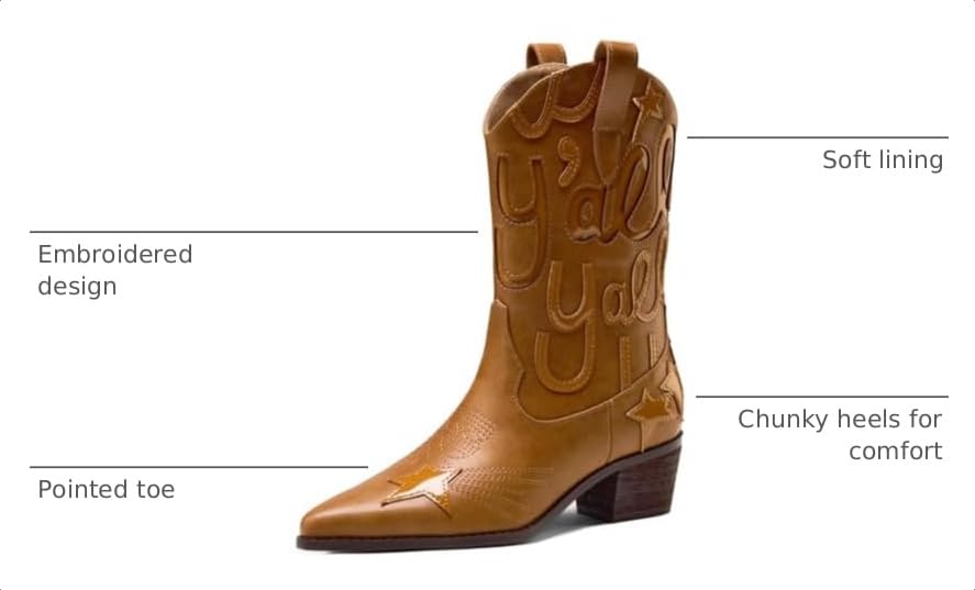 Image of Metallic Cowboy boots for Women Embroidered Mid Calf Womens Cowgirl Boots Western Pointed Toe Chunky Heel