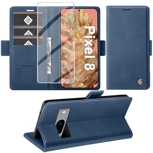 Étui à rabat Google Pixel 8 5G bleu avec support vidéo et film protecteur d'écran