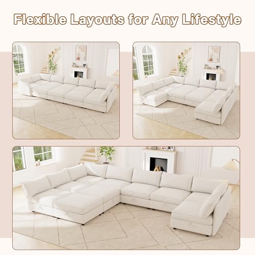 Image of Oversized Chenille Modular Sectional Sofa Bed Hidden Storage, Convertible L U Shaped Sleeper Couch, 10 Seat Modern Modular Sectional Sofa with Removable Covers & Ottoman Chaise, for Living Room, Gray