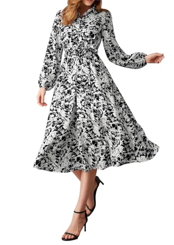GRACE KARIN Vestido casual acampanado para mujer, cuello camisero, manga larga, vestido midi de cintura alta floral con cinturón, Flores blancas y negras, S