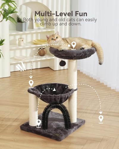 Image of FluffyDream Cat Tree Tower for Indoor Cats, 27.8 Inches Multi-Level Cat Tree with Scratching Posts Plush Basket & Perch for Play Rest, Cat Activity Tree with Dangling Ball for Kittens /Small Cats