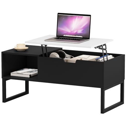 Black Coffee Table with White Lift Top - Modern Industrial Coffee Table with Lifting Top and Hide Compartment Storage - 40 Inch Rectangle Lift Coffee Tables for Living Room