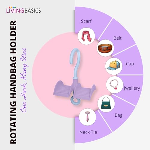 Image of LivingBasics 2 Pieces 360 Rotating Handbag Holder Hook for Wardrobe /Purse Rack /Hanging Purse Organiser for Closet, Bags, Scarves, Belts, Ties /Space Saving Multi Hook Hanger for Women (Purple)