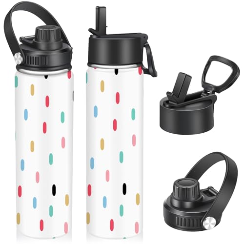Isolierte Edelstahl-Wasserflasche,22oz/650ml Trinkflasche mit Strohhalm und 2 Auslaufsichere Deckel, Sport-Trinkflasche für Sport, Reisen, Fitnessstudio（Vertikale Streifen)