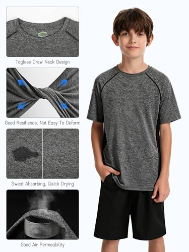 Image of 5 Pack Boys Shirts Athletic Dry Fit Boys Tshirts Performance Tops Summer | Short Sleeve Graphic Tees for 5-18Y, Kids Soccer & Baseball Shirts, Sports Activewear T-Shirts, Breathable & Moisture Wicking