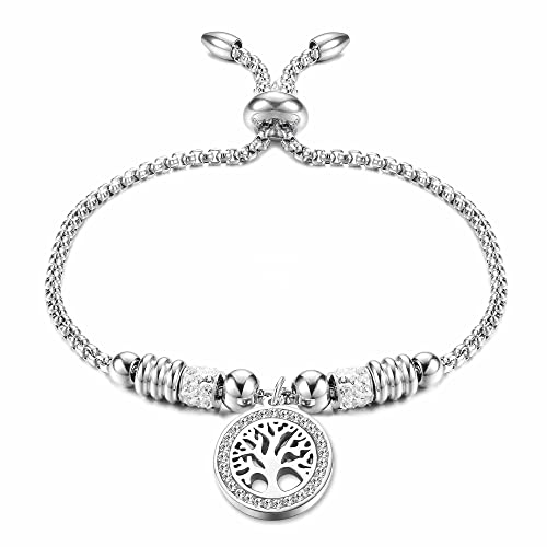 Chriscoco Bracelet Arbre de Vie Femme,Bracelet Réglable en Acier Inoxydable,Charme Perle Pendentif Bracelet, Bracelets en Argent pour Les Femmes Cover