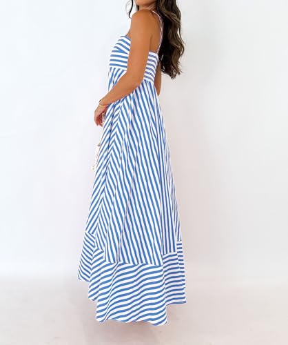 Image of Women Striped Maxi Dress Smocked Backless Spaghetti Strap Long Flowy Dress Sleeveless Boho Aline Sundress