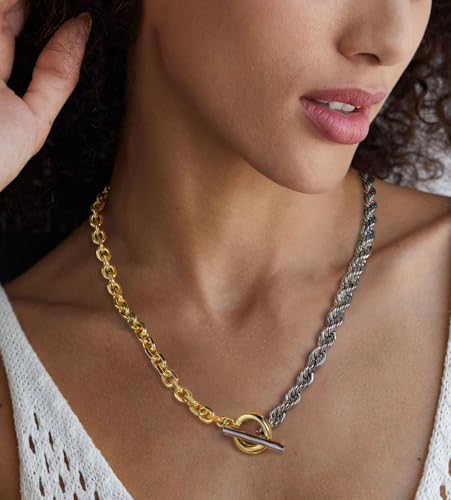 Trendy Two Tone Chain Necklace for Women, Mixed Metal Link Necklaces Designer Dupes Jewelry Gifts for Her (Two Tone A)3