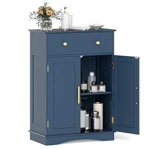 Tangkula Bathroom Floor Cabinet, Modern Freestanding Bathroom Storage Cabinet w/Large Pull-Out Drawer, 2 Doors, 3-Position Adjustable Shelf, Ideal for Living Room (Drawer & Cabinet, Navy Blue)