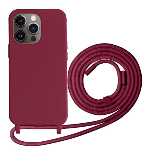 Beajew Coque avec Cordon pour iPhone 13 Pro Max avec Cordon, Collier Étui Silicone Liquide avec Tour de Cou Lanière en Corde Souple TPU Antichoc Housse, Rouge