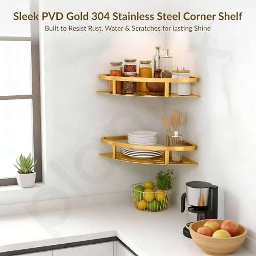 Image of Plantex Corner Shelf for Bathroom Wall /304 Grade Stainless Steel Bathroom Corner Shelf Rack /Bathroom Racks and Shelves /Multipurpose Bathroom Accessories Set (9x9 inches, PVD Gold)