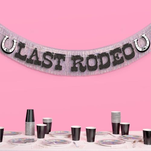 Image of xo, Fetti Last Rodeo Fringe Banner - Black Glitter & Silver Iridescent Fringe, 5.5 Ft. | Western Bachelorette Decorations, Rodeo Backdrop, Space Cowboy Party