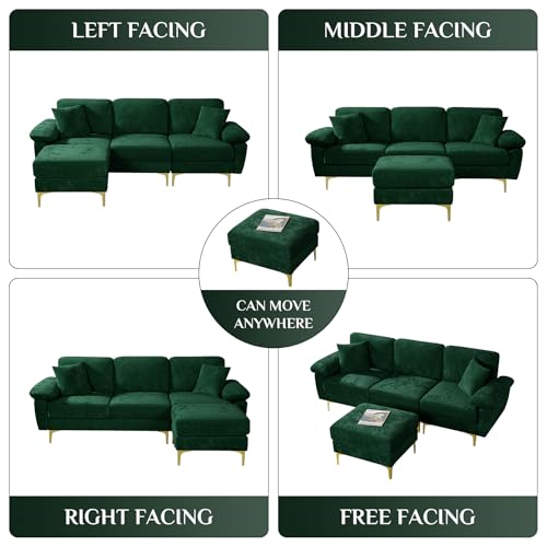 Image of OUYESSIR L Shaped Sectional Sofa Couch, 3 Seat Velvet Sofa with Ottoman and Pillows, Upholstered Comfy Couch Sleeper for Living Room, Bedroom, 91 inches (Green)