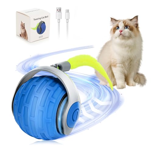 Pavlleen Jouet interactif pour Chat, Boule avec lumière LED, Boule électrique Automatique Rechargeable, 360 ° avec Queue de Rechange, stimule l'instinct de Chasse, Compatible sols et moquettes- Bleue