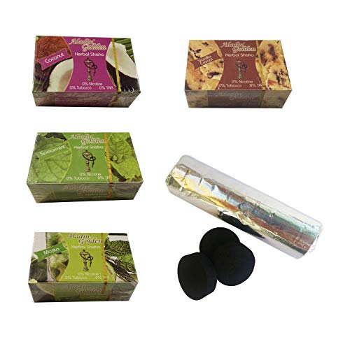 Outletdelocio. Lot de 4 herbes à chicha de différentes saveurs (coco, vanille, menthe et mojito) + pastilles carbon cachimba