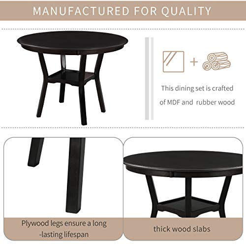 Aprilsoul 5-Piece Contemporary Style Kitchen Table Set Round With Extra Bottom Shelf, 4 Large Thick Upholstered Chairs Seats, Scientific Backrest Design, For Dining Room, Espresso #TOP6
