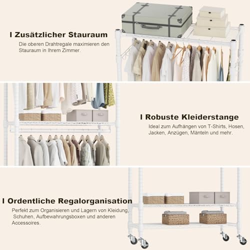 Doppelter Kleiderständer auf Rollen Schwerlast-Kleiderständer mit 2 Haken Höhenverstellbaren Regalen,Stabiler Metall Garderobenständer für Schlafzimmer, Waschküche und Garderobe 60*42*205cm Weiß - 4