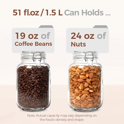 Image of ComSaf Square Glass Canisters 51 oz 3 Pack for Flour Sugar Coffee Pantry | Airtight clamp lids, four labels, 3.3-inch wide mouth for baking staples, tea, herbs, candy, jam, cookie, pantry organization